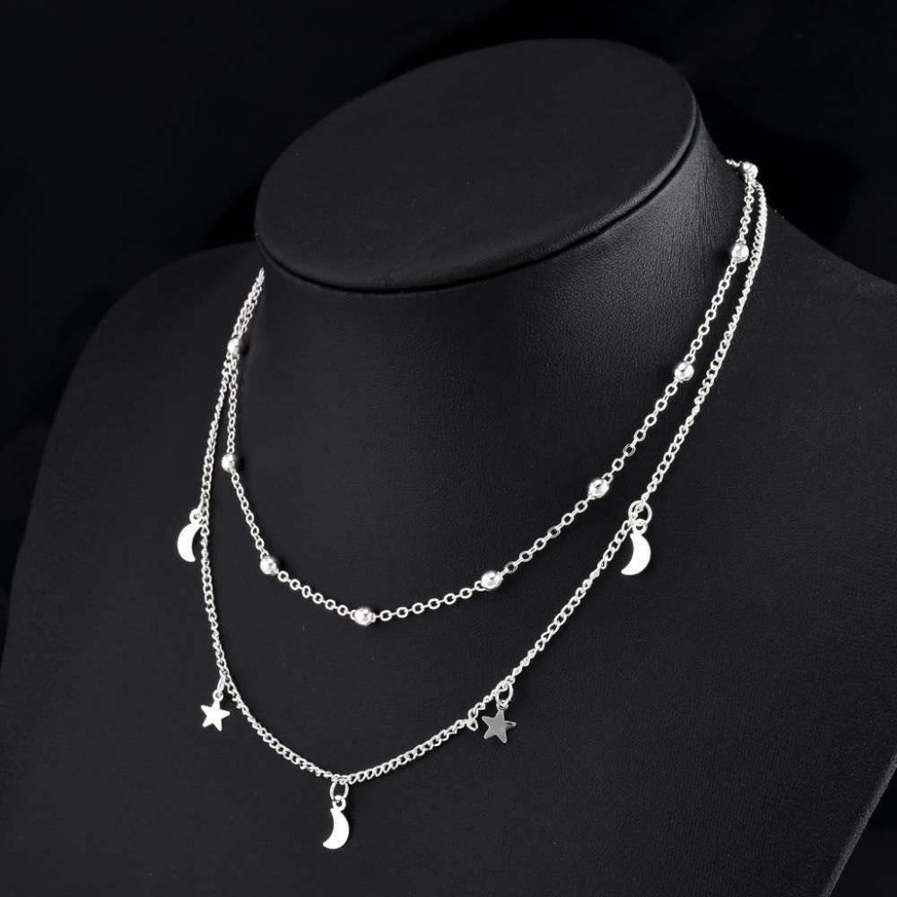 Moon & Stars Silver Layered Choker Bib Necklace - Picture 3 of 6